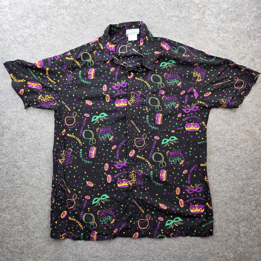 OTC Shirt Mens XL Mardi Gras New Orleans AOP Button Front Short Sleeve Casual